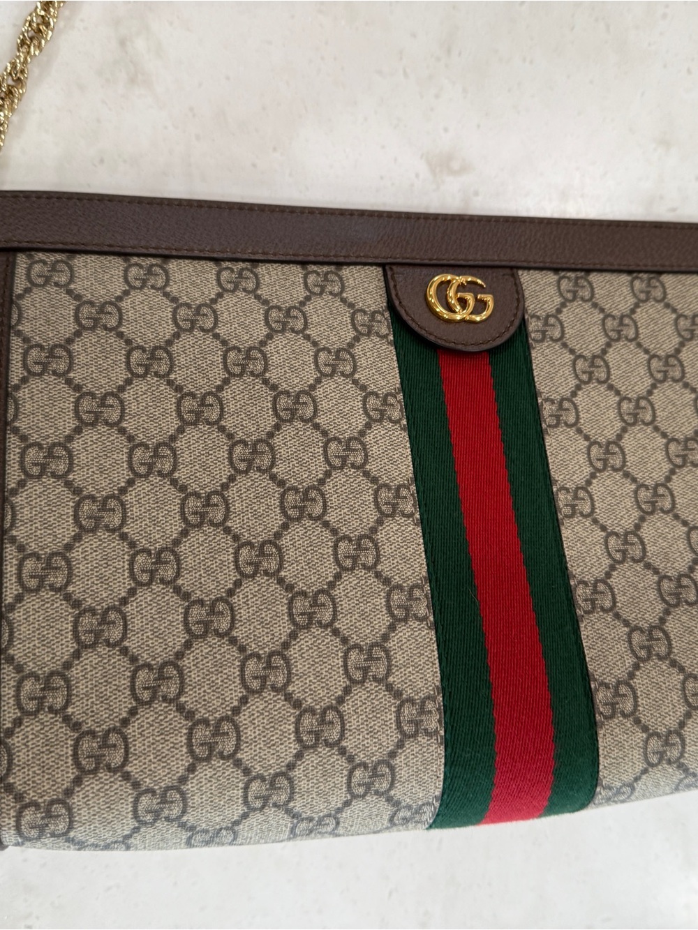 Ophelia & Co. Brown Monogram Crossbody with Green & Red Stripe